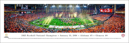 Panoramic of the 2016 CFP Championship Game featuring Alabama Crimson Tide on the field with enthusiastic fans in the stands.