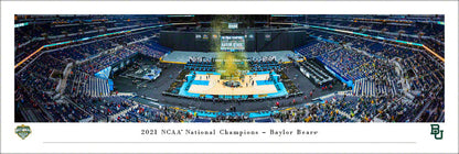 Panoramic of the 2021 NCAA Men's Basketball National Championship featuring Baylor Bears with players celebrating and fans cheering.