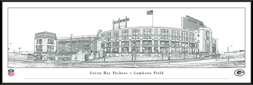 Green Bay Packers Lambeau Field panoramic line art, framed NFL wall decor, officially licensed Blakeway Panoramas.