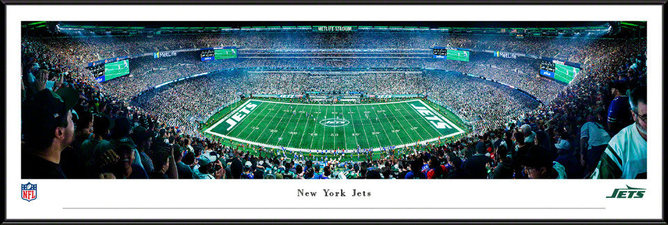 New York Jets Night Game panoramic photo, framed in 3 styles, officially licensed NFL décor, made in USA.