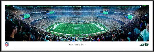 New York Jets Night Game panoramic photo, framed in 3 styles, officially licensed NFL décor, made in USA.