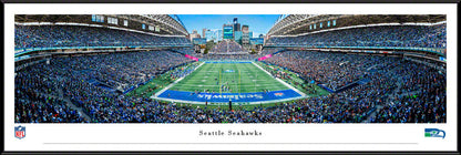 Seattle Seahawks throwback panoramic photo at Lumen Field with touchdown, 90s uniforms, framed options.