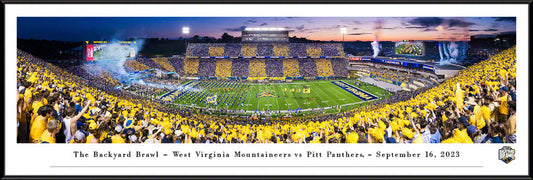 Panoramic of the 2023 Backyard Brawl featuring West Virginia Mountaineers vs. Pittsburgh Panthers with players on the field and fans in the stands.