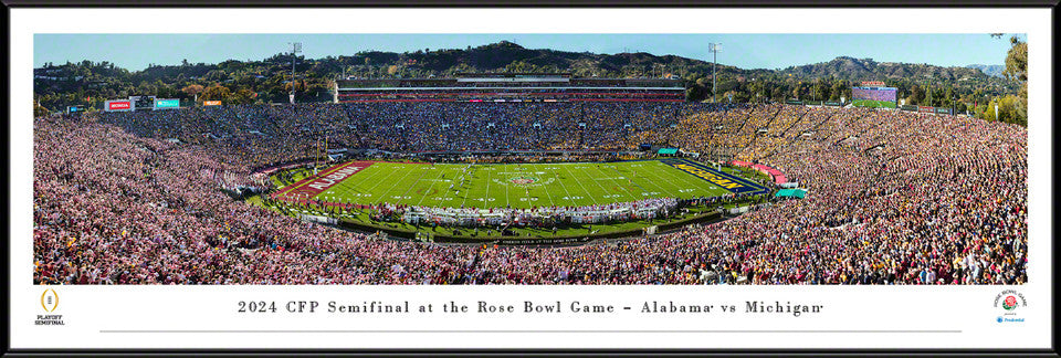 Panoramic of the 2024 Rose Bowl Game kickoff featuring Michigan Wolverines vs. Alabama Crimson Tide with players on the field and fans in the stands.