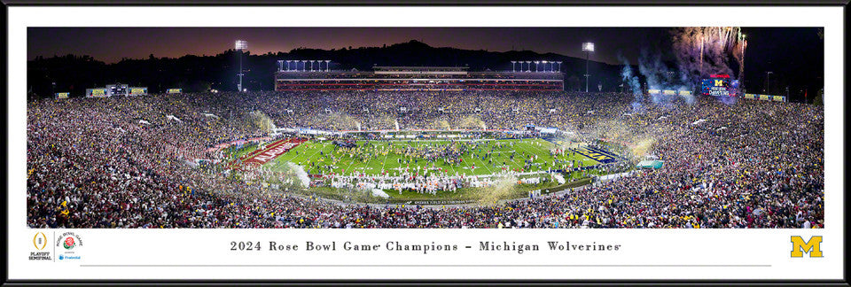 Panoramic of the 2024 Rose Bowl featuring Michigan Wolverines with players celebrating and fans in the stands.