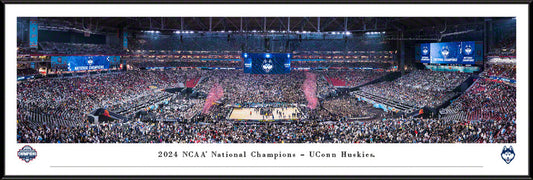 Panoramic of the 2024 NCAA Men's Basketball National Championship featuring UConn Huskies with players celebrating and fans cheering.