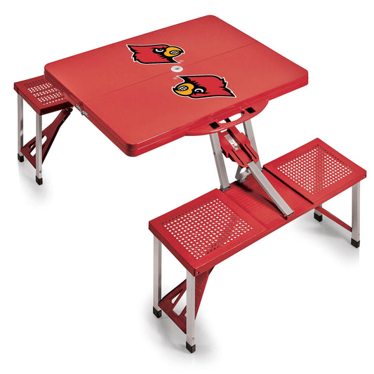 Louisville Cardinals Portable Folding Table with Seats, sturdy ABS table, lightweight frame, team logo, officially licensed.