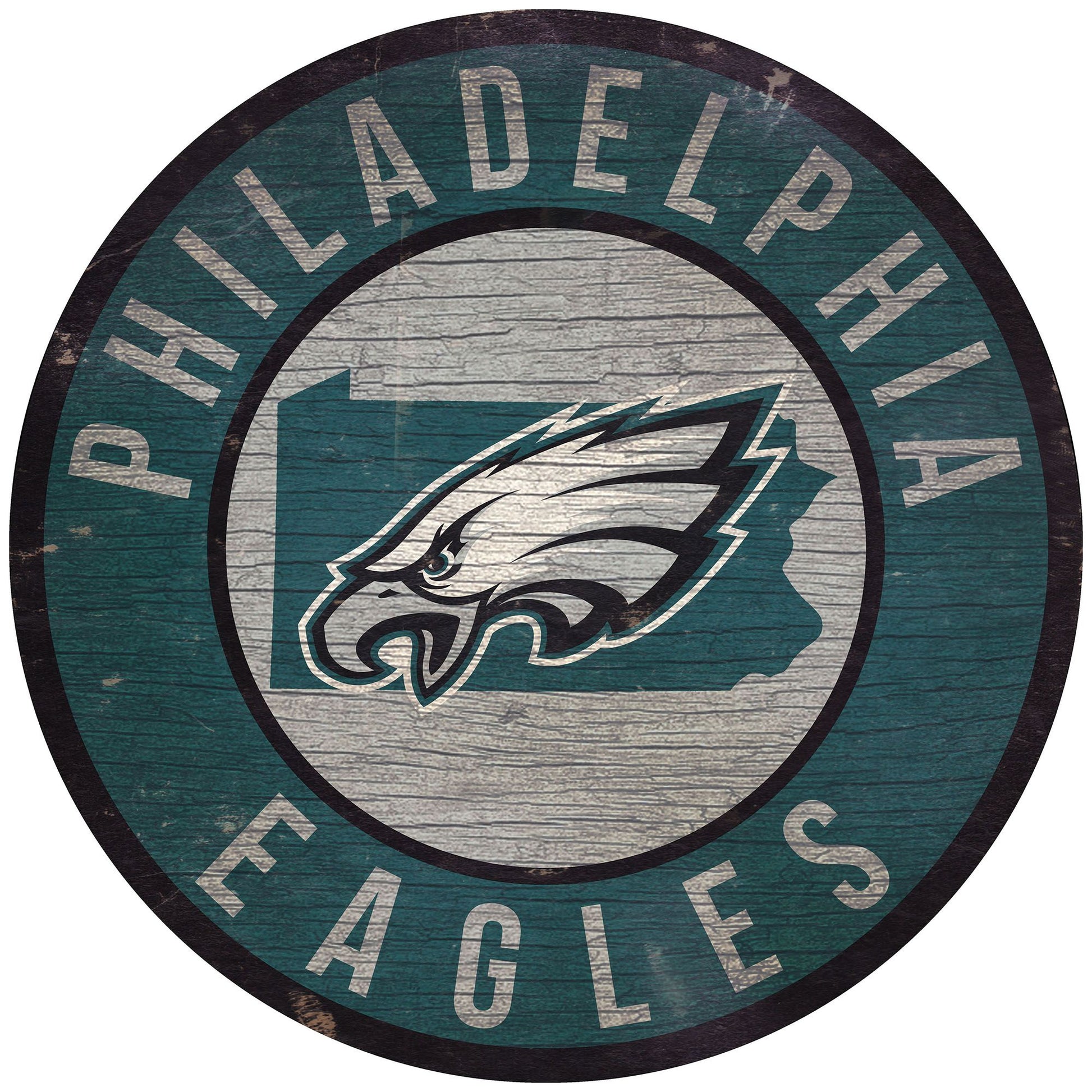 Philadelphia Eagles distressed sign with team colors, graphics, and state outline in the background. Made in the USA.