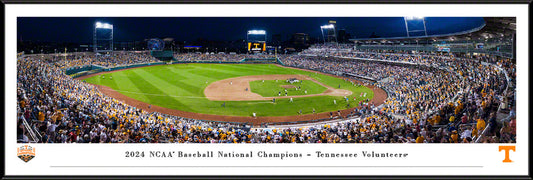 Panoramic of the 2024 College World Series Champions featuring Tennessee Volunteers with players celebrating and fans in the stands.