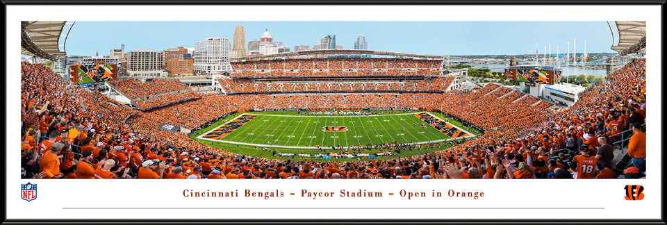 Cincinnati Bengals Orange Out panoramic picture at Paycor Stadium, framed and ready for fan cave display.