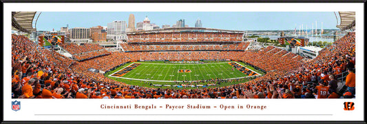 Cincinnati Bengals Orange Out panoramic picture at Paycor Stadium, framed and ready for fan cave display.