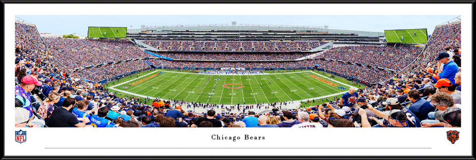 Chicago Bears panoramic photo of Soldier Field with city skyline, available in Standard, Select, or Deluxe frames
