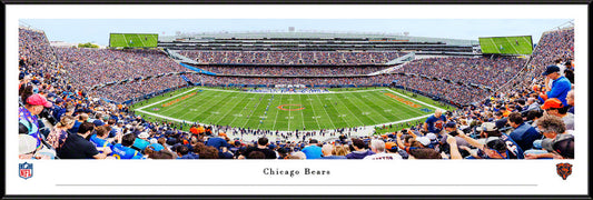 Chicago Bears panoramic photo of Soldier Field with city skyline, available in Standard, Select, or Deluxe frames
