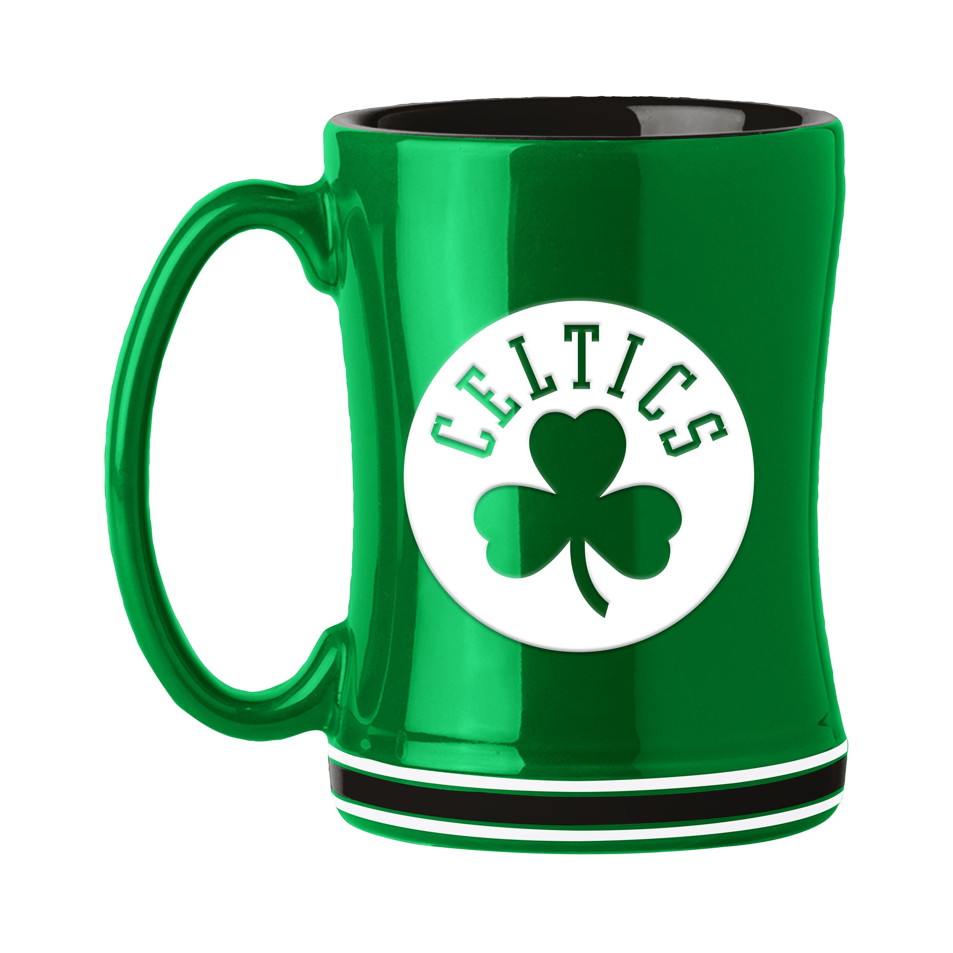 Boston Celtics 14 oz ceramic coffee mug with raised 3D logo and team name on handle, NBA licensed