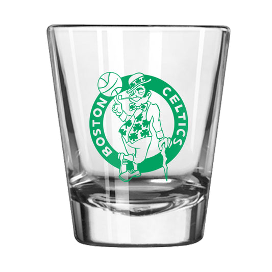 Boston Celtics NBA shot glass with gameday graphics, weighted base, chip-resistant rim, and 2-ounce capacity