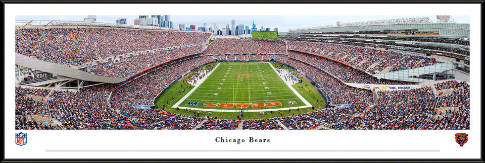 Chicago Bears Soldier Field panoramic photo with skyline, available in Standard, Select, or Deluxe framed styles