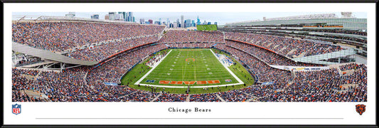 Chicago Bears Soldier Field panoramic photo with skyline, available in Standard, Select, or Deluxe framed styles