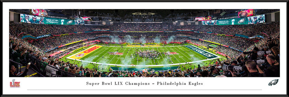 Panoramic photo of Eagles Super Bowl LIX celebration, framed wall art for fan cave, with free shipping on Select & Deluxe.
