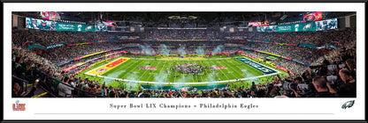 Panoramic photo of Eagles Super Bowl LIX celebration, framed wall art for fan cave, with free shipping on Select & Deluxe.