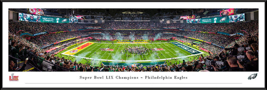 Panoramic photo of Eagles Super Bowl LIX celebration, framed wall art for fan cave, with free shipping on Select & Deluxe.