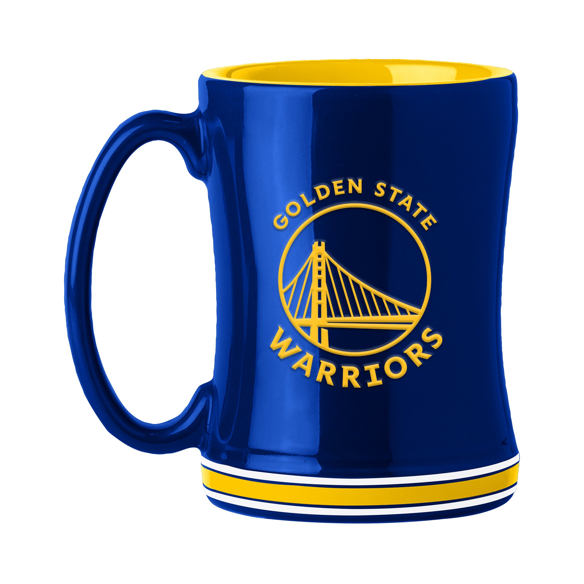 Golden State Warriors 14 oz ceramic mug with 3D logo and team colors, microwave safe NBA drinkware.