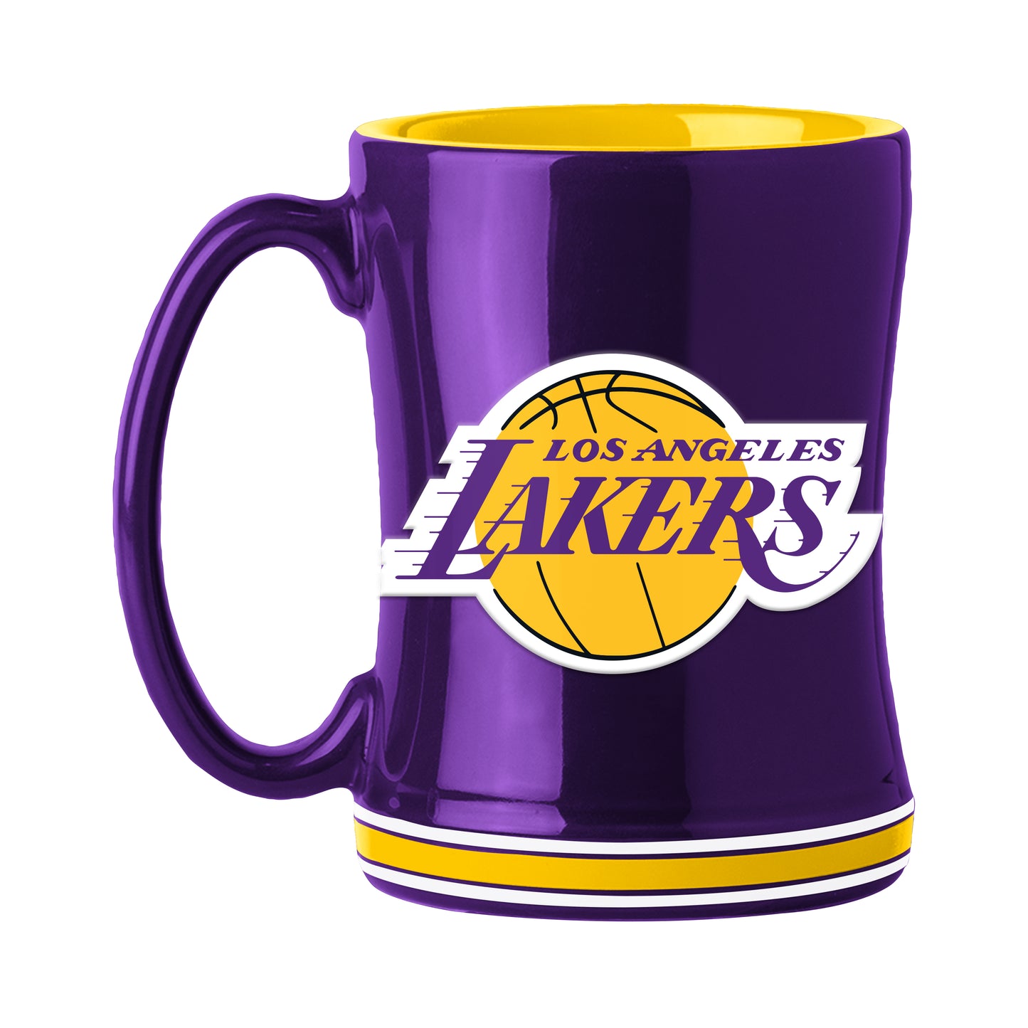 Los Angeles Lakers 14oz ceramic mug with 3D logo, team colors, and name on handle. Official NBA drinkware.