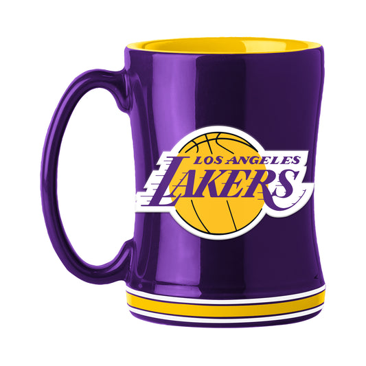 Los Angeles Lakers 14oz ceramic mug with 3D logo, team colors, and name on handle. Official NBA drinkware.