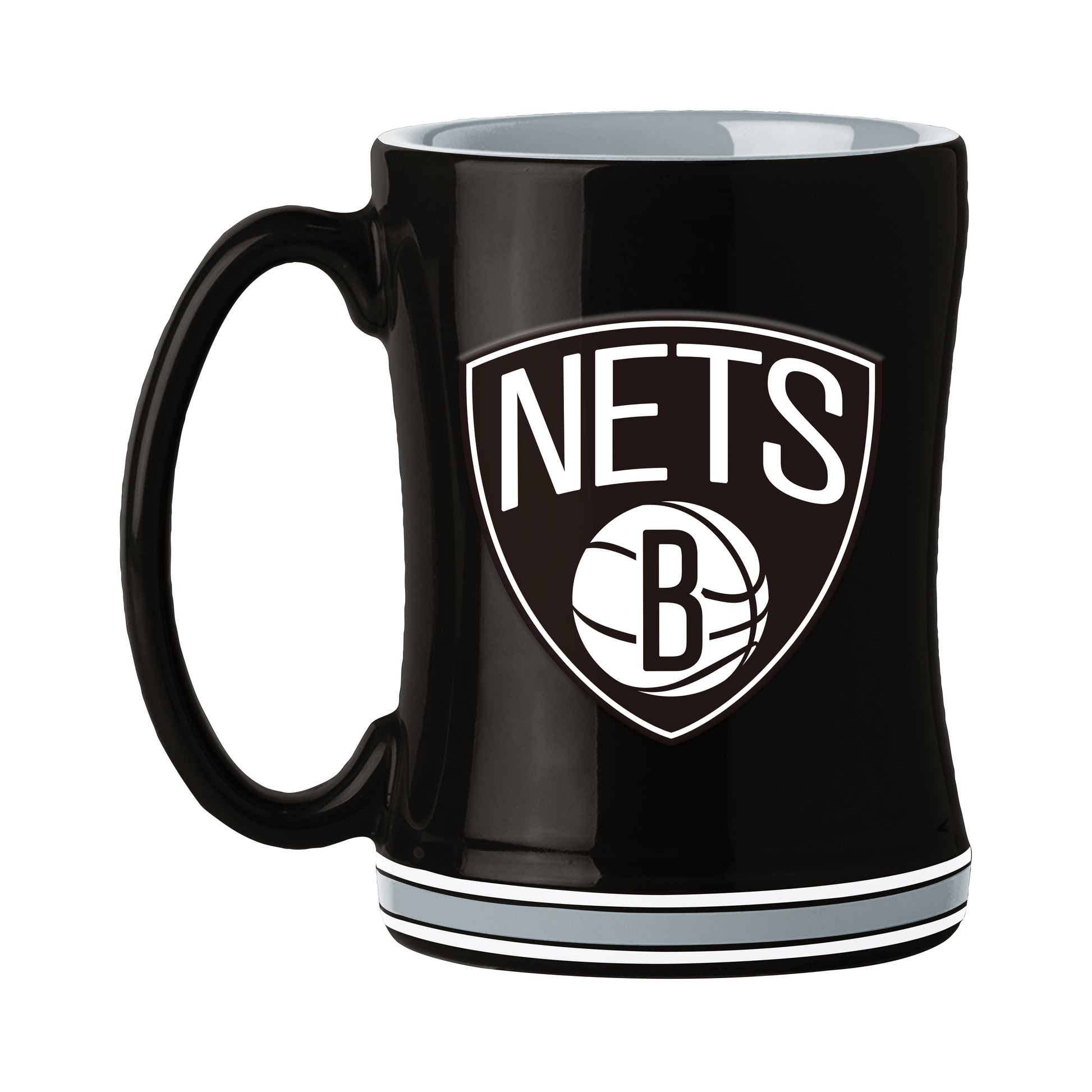 Brooklyn Nets NBA 14 oz ceramic coffee mug with 3D logo and team name on handle by Logo Brands.