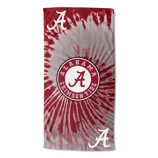 Alabama Crimson Tide beach towel with psychedelic tie-dye, team name and logo, 30x60 in, cotton-poly blend, NFL licensed.