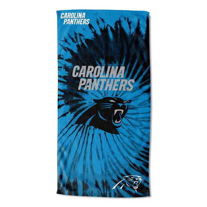 Carolina Panthers 30x60 psychedelic beach towel with team logo on colorful tie-dye design