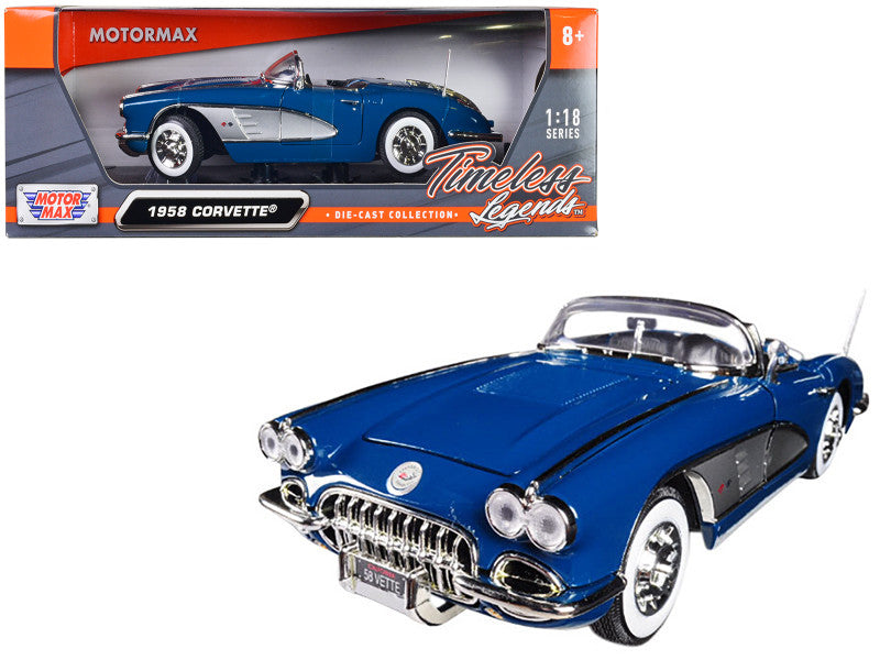 Motormax 1958 Chevrolet Corvette in turquoise, 1/18 diecast, Timeless Classics series, with opening doors, hood, and trunk.