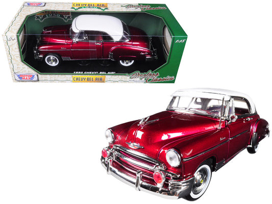 Motormax 1950 Chevrolet Bel Air 1:18 Diecast Car. Burgundy with White Roof. Real rubber tires, steerable wheels. Detailed interior, exterior.