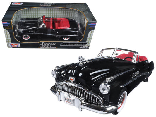 "Motormax 1/18 Diecast 1949 Buick Roadmaster in Black with Red Interior. New in box, steerable wheels, opening hood/doors/trunk, detailed interior/exterior, officially licensed