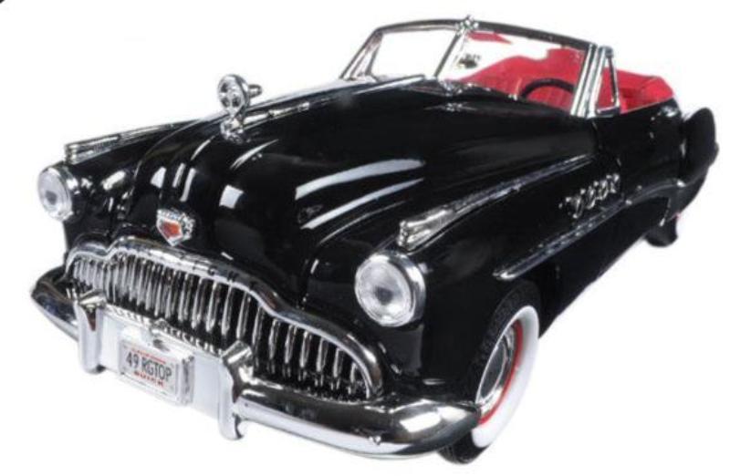 Motormax&nbsp;  1949 Buick Roadmaster Black with Red Interior 1/18 Diecast Model Car front angle view