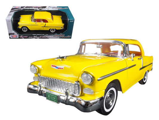 1955 Chevrolet Bel Air Diecast Car by Motormax. Yellow, 1/18 scale, convertible. Timeless Classics