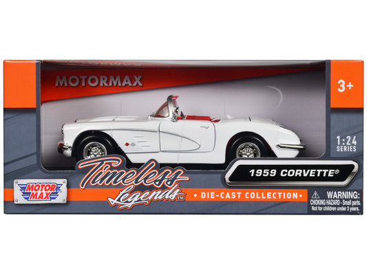 1959 Chevrolet Corvette C1 Convertible White with Red Interior 1/24 diecast model by Motormax featuring detailed interior, opening parts, and real rubber tires.