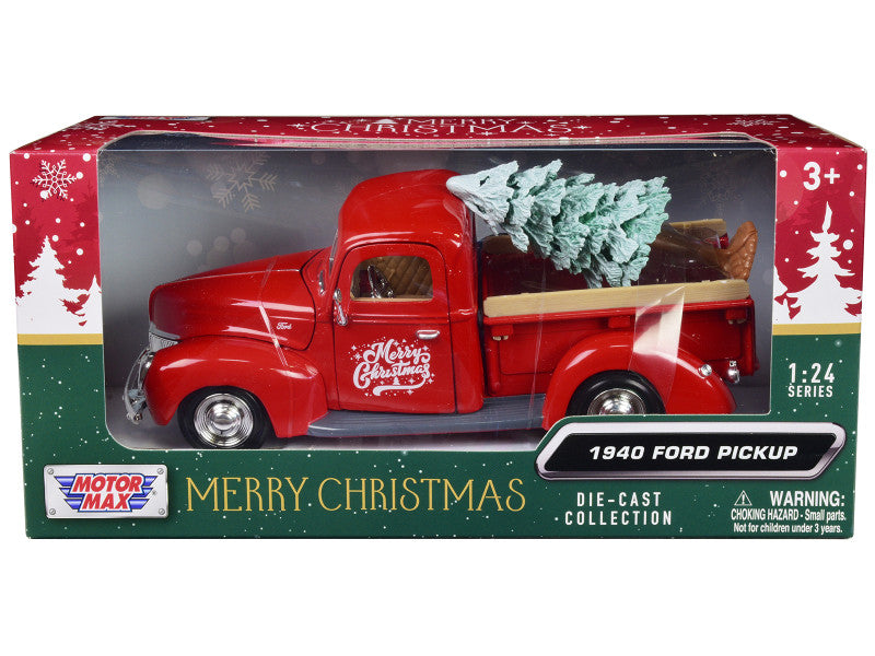 Motormax 1940 Ford Pickup: Festive red edition, 1/24 scale. Real rubber tires, opening hood, doors. A holiday delight!