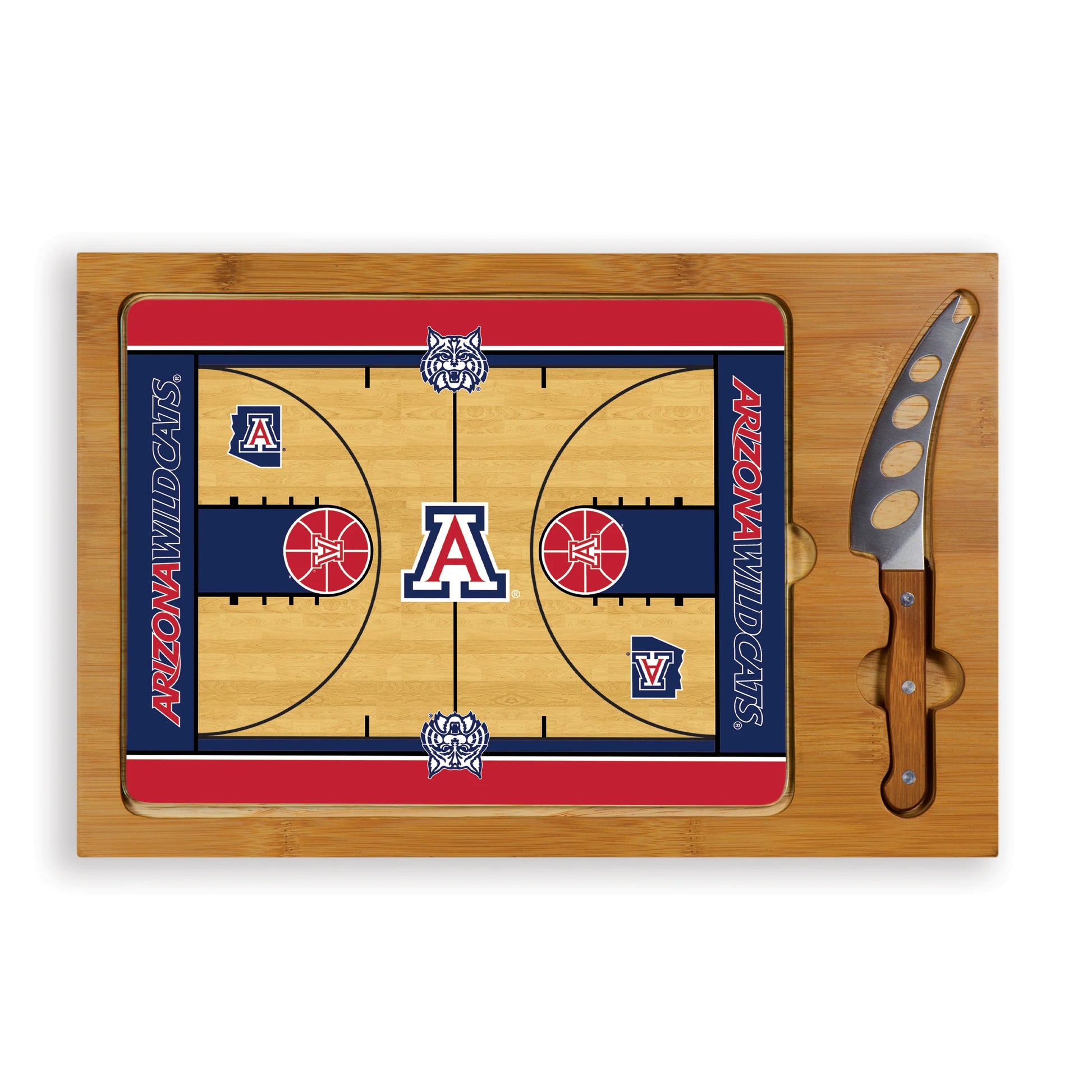 Arizona Wildcats Icon Glass Top Cutting Board & Knife Set with bamboo base and stainless steel knife