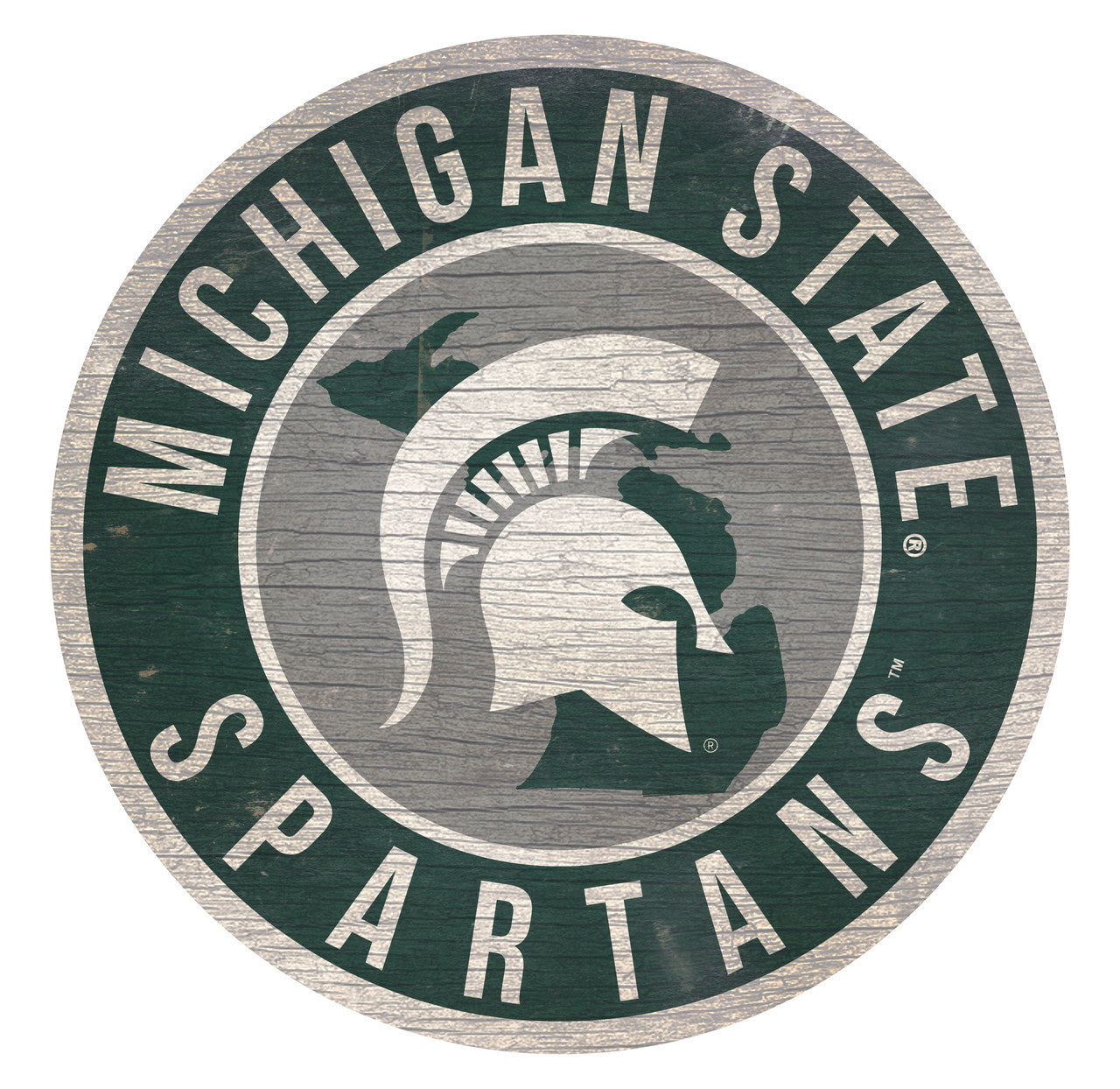 Michigan State Spartans 12" x 12" distressed MDF sign with Michigan state outline and bold team graphics