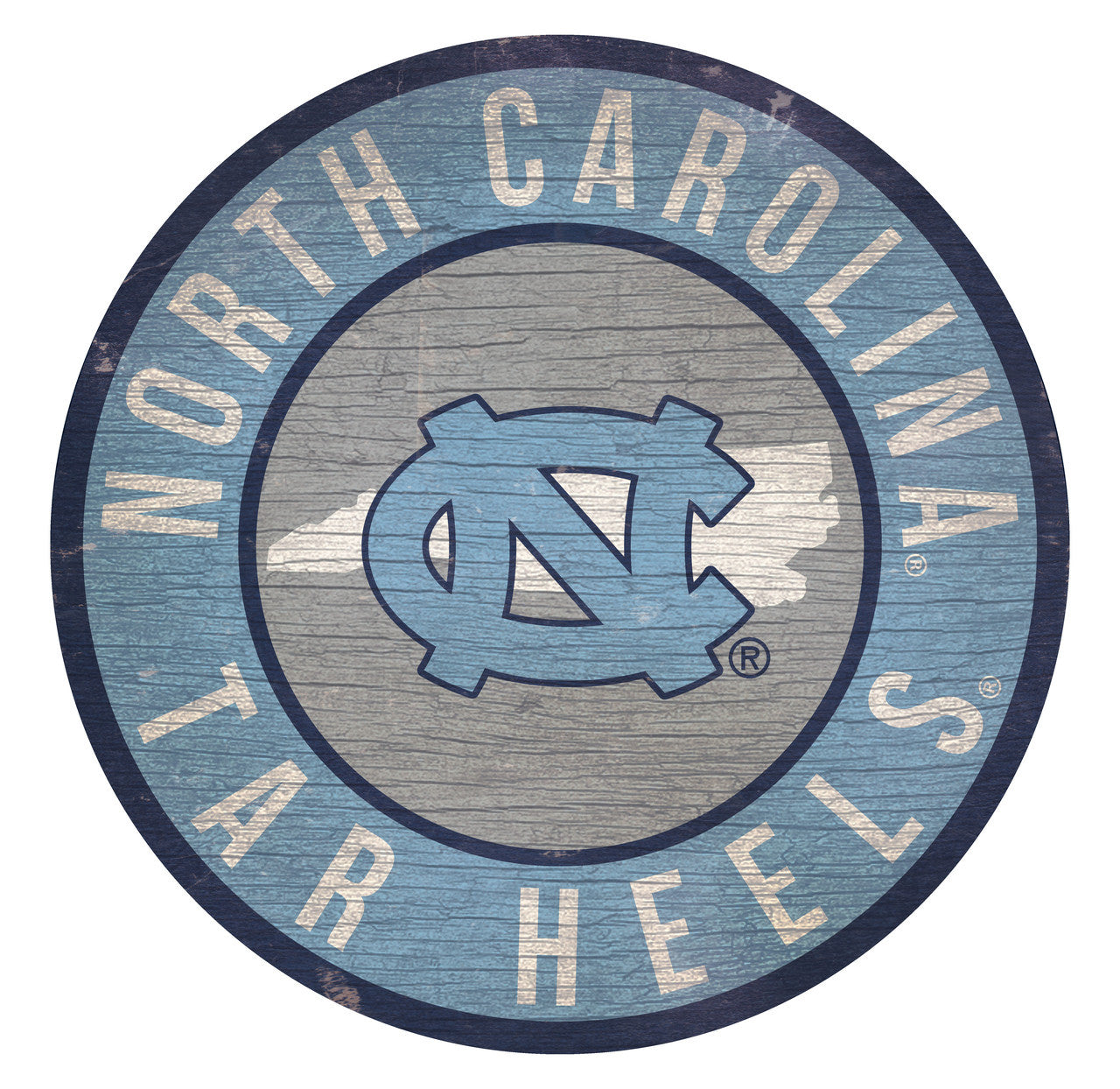 North Carolina Tar Heels 12" x 12" distressed MDF sign with bold team graphics and NC state outline