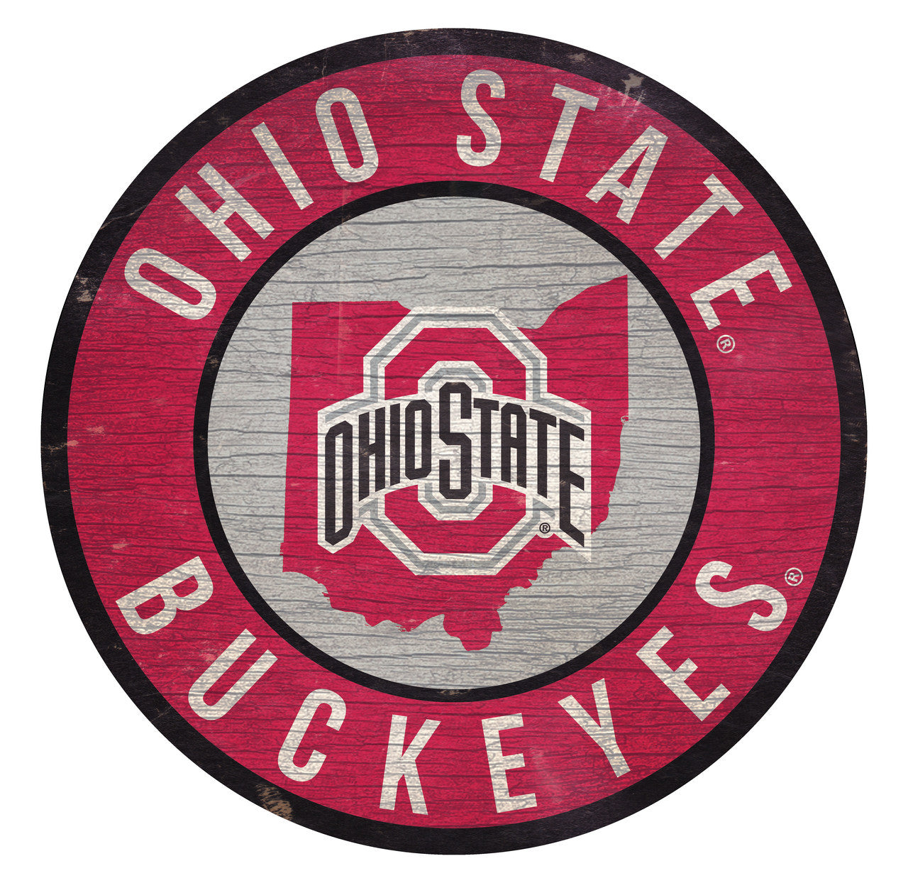 Ohio State Buckeyes 12" round distressed MDF sign featuring bold team graphics and weathered-style finish