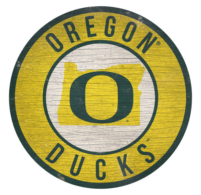 Oregon Ducks 12" x 12" distressed wooden sign with bold team graphics and Oregon state outline, made from MDF