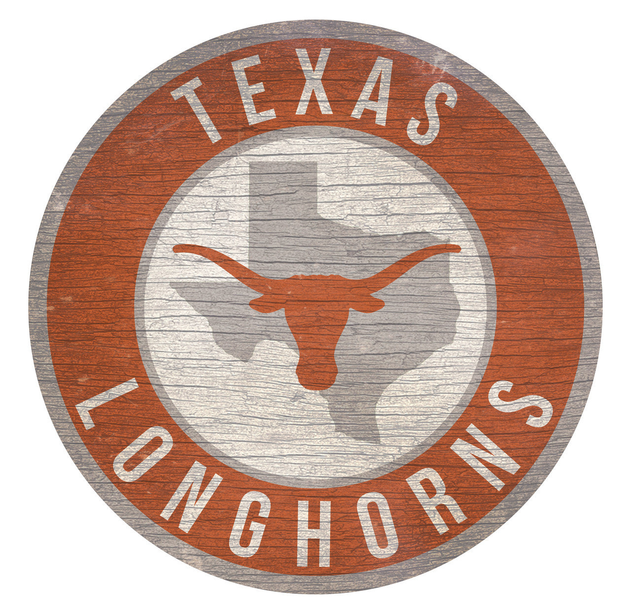 Texas Longhorns 12" x 12" distressed MDF wall sign with Texas outline and bold team colors and graphics