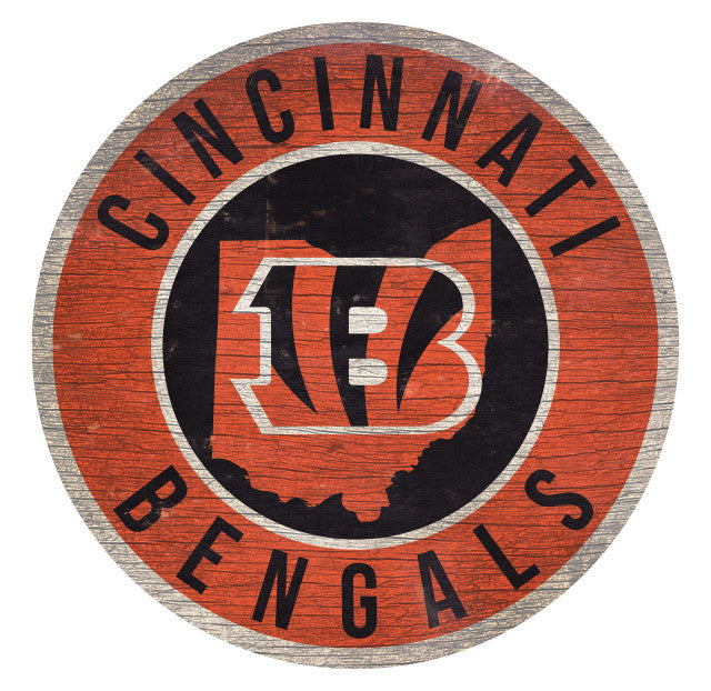 Cincinnati Bengals 12" x 12" distressed wood sign with team colors and Ohio state outline. Made in the USA.