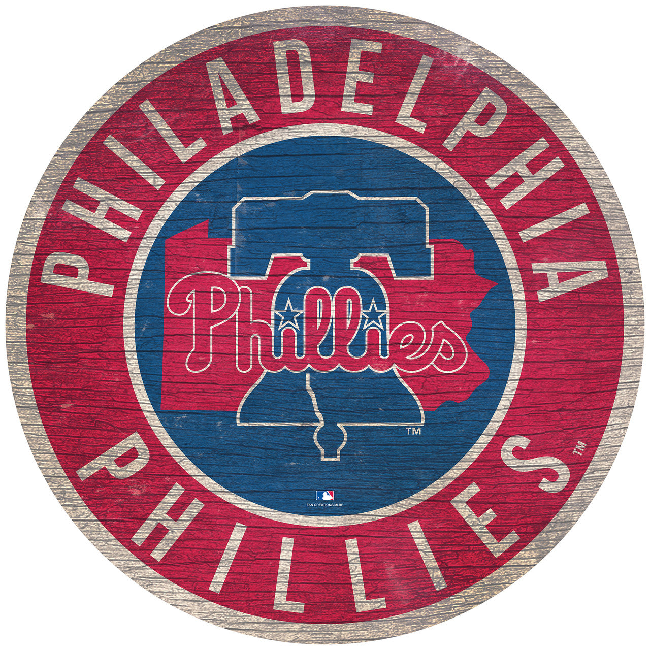 Philadelphia Phillies 12" x 12" distressed MDF sign with bold graphics and Pennsylvania state outline
