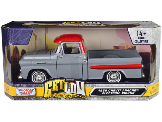 Motormax 1958 Chevrolet Apache Fleetside Lowrider Truck in Gray with Red Top, 1/24 scale diecast model with opening doors.