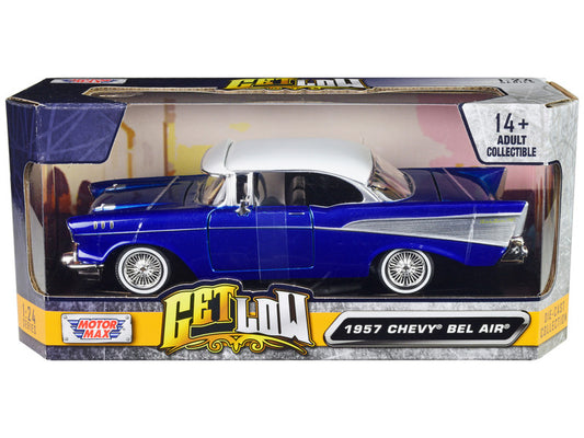 Motormax 1957 Chevrolet Bel Air Lowrider Candy Blue with White Top, 1/24 diecast model car from the "Get Low" series.