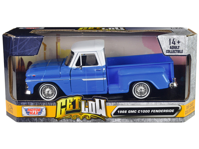 Motormax 1966 GMC C1000 Fenderside Pickup Truck diecast model in blue with a white top, 1/24 scale, featuring detailed interior and exterior.