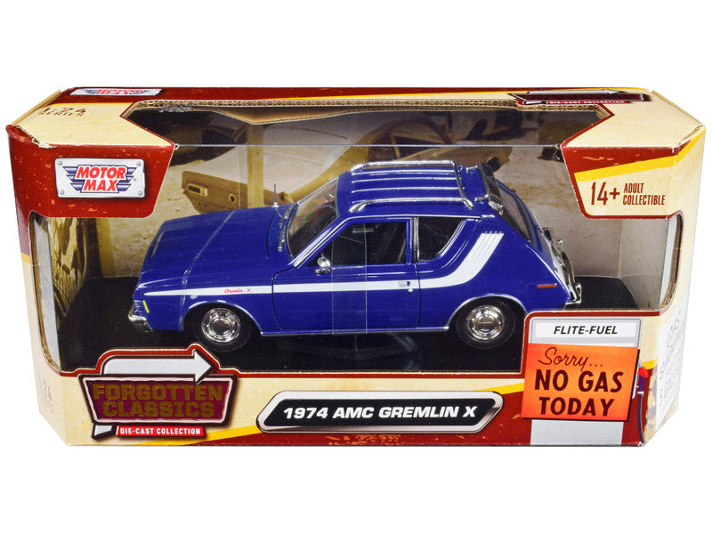 Motormax 1974 AMC Gremlin X 1/24 diecast car in blue with white stripes, roof rack, opening parts, collector model.