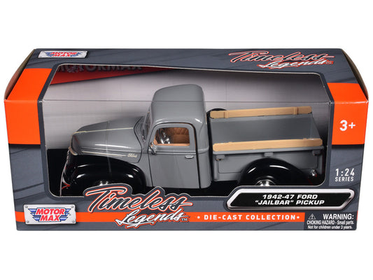 1942-47 Ford "Jailbar" Pickup Truck Gray and Black 1/24 Diecast Model Car from the "Timeless Legends" Series by Motormax, featuring opening hood, doors, and tailgate.